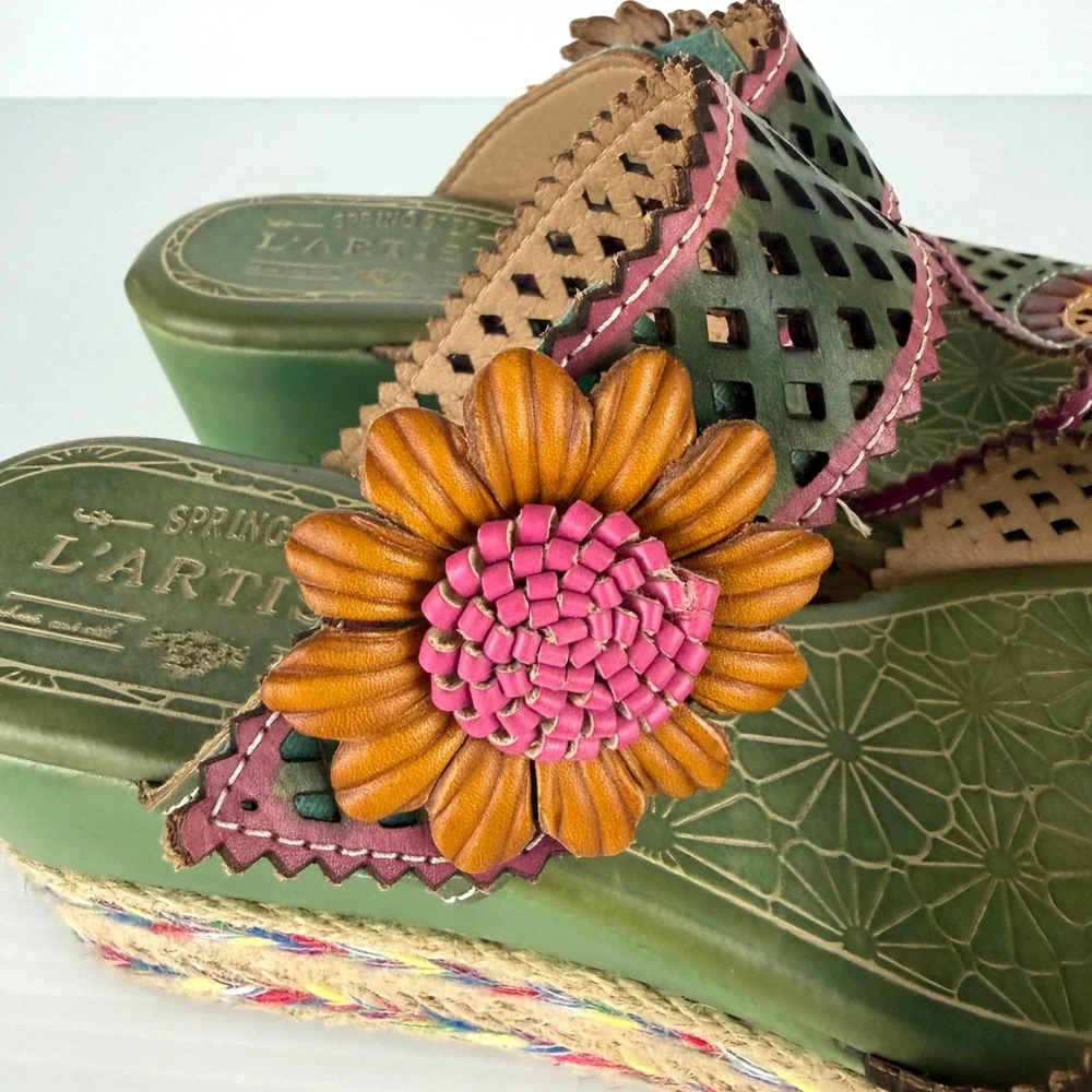 Spring Step L'Artiste Lona Green Leather Floral Wedge Sandals Slides EU 38